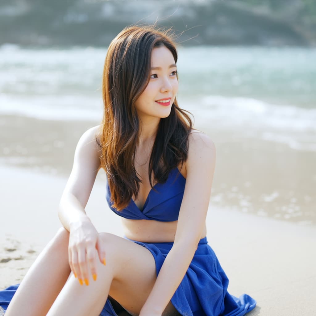 석양의 따스한 햇살을 받으며 모래사장에 앉아 있는 한 여성의 솔직한 사진입니다. 그녀는 선명한 파란색 비키니를 입고 긴 갈색 머리가 바닷바람에 부드럽게 흩날리며 편안하고 평온한 표정을 짓고 있습니다. 부드러운 황금빛 빛이 물에 반사되어 모래 위에 긴 그림자를 드리우는 해변의 평온함을 포착한 장면입니다. 잔잔한 파도가 그녀의 뒤에서 해안을 휘감으며 고요하고 그림 같은 해안가의 분위기를 연출합니다.