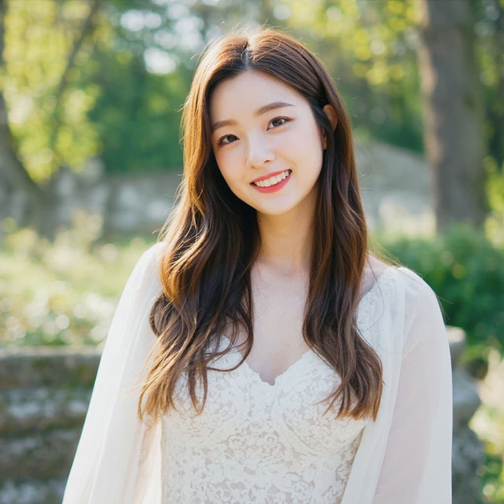 활기찬 공원 배경에서 촬영된 하늘하늘한 흰색 웨딩드레스를 입은 한 여성의 멋진 인물 사진입니다. 그녀는 정면을 바라보며 카메라를 응시하는 기쁨으로 가득 찬 표정으로 밝고 진실한 미소를 짓고 있습니다. 드레스의 섬세한 레이스 디테일은 배경의 무성한 녹색 잎사귀 사이로 들어오는 부드럽고 산란된 햇빛에 의해 더욱 강조됩니다. 따스한 황금빛 햇살이 로맨틱한 분위기를 연출하며 여성과 주변 공원에 은은한 빛을 비춥니다.