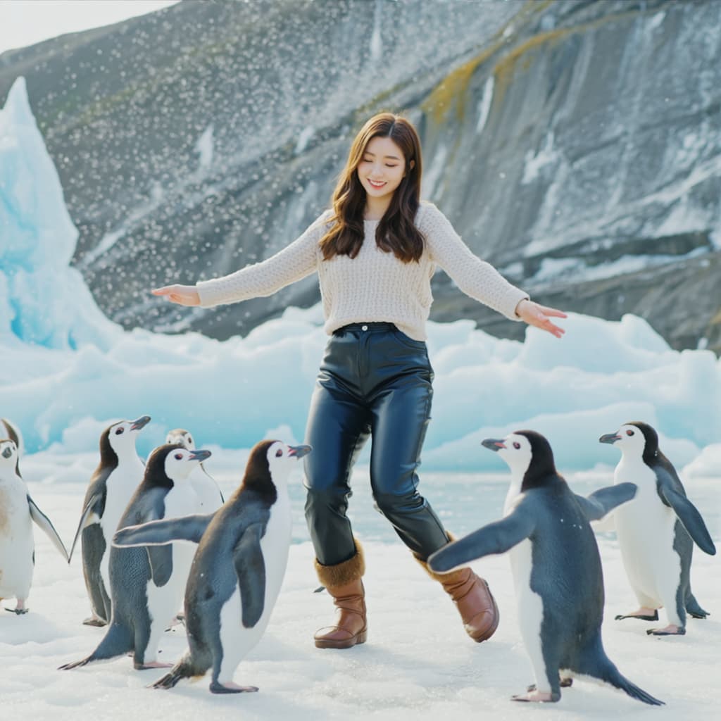 광활한 얼음 빙하 위에서 펭귄 무리에 둘러싸여 춤을 추는 즐거운 젊은 여성, 모두 완벽한 싱크로율로 똑같은 장난기 가득한 포즈를 취하는 모습, 공중에서 반짝이는 눈송이, 얼음 위에 반사되는 밝은 푸른 하늘, 매우 섬세하고 생생한 영화적 조명, 기발하고 따뜻한 분위기, 사실적인 스타일.